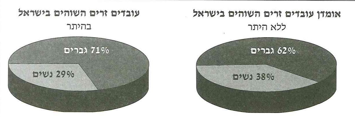 (בספר תמונה של שני גרפי עוגה: אחד על אומדן עובדים זרים השוהים בישראל ללא היתר, ואחד על אומדן עובדים זרים השוהים בישראל בהיתר.)